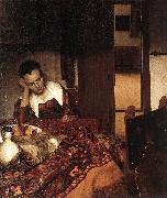Jan Vermeer A Woman Asleep at Tablec oil painting